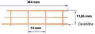 Reling, Geländer für Modellschiffe,  geätzt,1:100, 3 Durchz., L=364 mm, H 11 mm