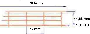 Reling, Geländer für Modellschiffe, geätzt,1:100, 4 Durchz., L=364 mm, H= 11 mm
