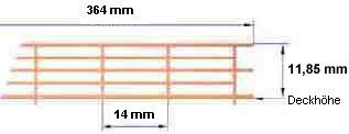 Reling, Geländer für Modellschiffe, 1:100, 5 Durchz., L=364 mm, H=11,85 mm