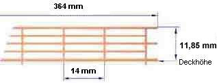 Reling, Geländer für Modellschiffe, 1:100, 5 Durchz., L=364 mm, H=11,85 mm,