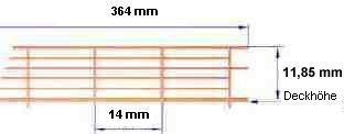 Reling, Geländerfür Modellschiffe, 1:100, 6 Durchz., L=364 mm, H=11,85 mm, e