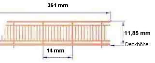 Reling, skandinavisches Geländer für Modellschiffe, 1:100,  L=364 mm, H=11,85 mm