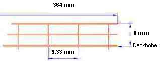 Reling, Geländer, 1:150, 3 Durchz., L=364 mm, H=8 mm,  geätzt. 1 Handlauf