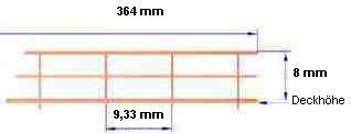 Reling, Geländer für Modellschiffe, 1:150, 3 Durchz., L=364 mm, H=8 mm,