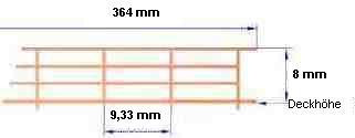 Reling, Geländer für Modellschiffe, 1:150, 4 Durchz., L=364 mm, H=8 mm,