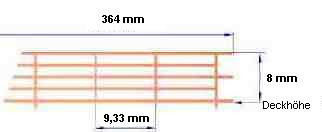 Reling, Geländer für Modellschiffe, 1:150, 5 Durchz., L=364 mm, H=8 mm,