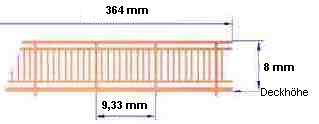 Reling, skandinavisches  Geländer für Modellschiffe, 1:150,  L=364 mm, H=8 mm,