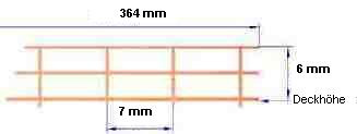 Reling, Geländer für Modellschiffe, 1:200, 3 Durchz., L=364 mm, H=6 mm,
