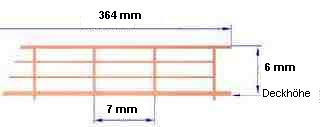 Reling, Geländer für Modellschiffe, 1:200, 4 Durchz., L=364 mm, H=6 mm